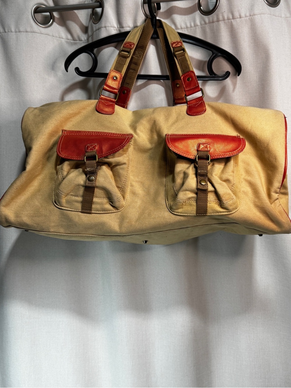 Khaki Canvas Weekender Bag Adjustable Strap Top Handle Colorful Print Lining